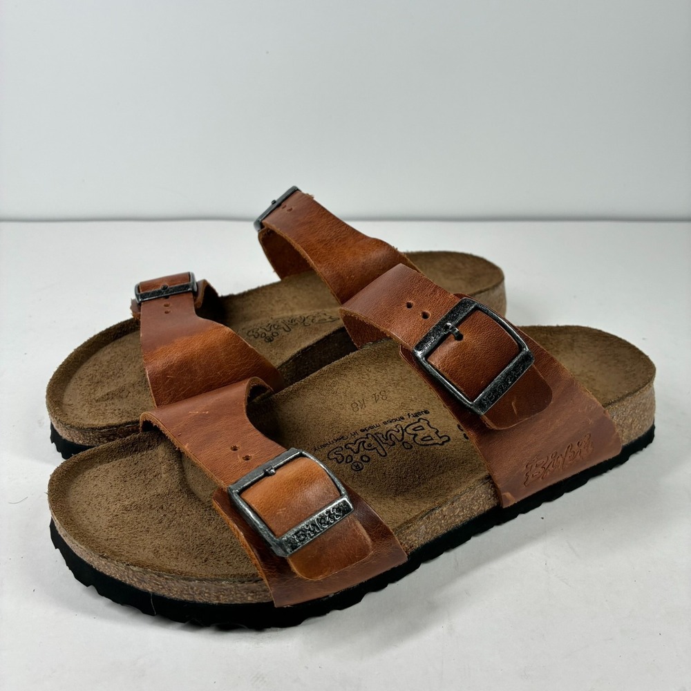 Birki's Birkenstock Women's US 7/38 N Brown Leather 2-Strap Buckle Slide Sandal